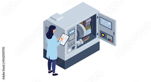 Engineer monitoring industrial machine with digital interface for manufacturing efficiency vector illustration isometric