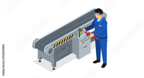 Industrial maintenance worker fixing conveyor belt machinery in factory setting vector illustration isometric