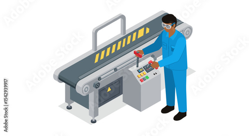 Industrial conveyor system with operator in blue uniform managing controls for efficient production vector illustration isometric