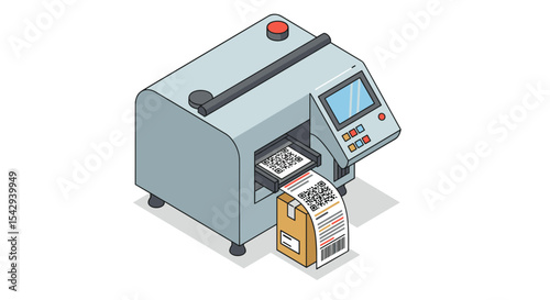 Industrial barcode and label printer machine illustration for packaging and logistics vector illustration isometric