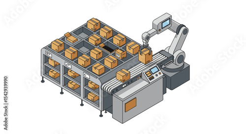 Automated robotic sorting arm in warehouse with conveyor and cardboard boxes for logistics efficiency vector illustration isometric