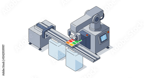 Advanced robotic arm performing automation in industrial manufacturing process vector illustration isometric