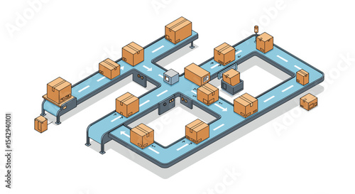 Warehouse automation and logistics with conveyor belt system for efficient package sorting vector illustration isometric
