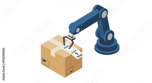 Robotic arm handling cardboard box for automation in warehouse logistics vector illustration isometric