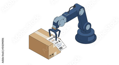 Robotic arm packing box with instruction steps for automation process vector illustration isometric