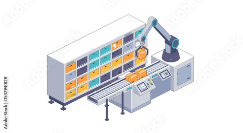 Warehouse automation concept with robotic arm and conveyor system for efficient logistics solutions vector illustration isometric