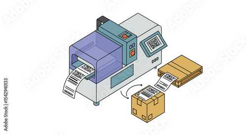 Barcode printing machine illustrating modern packaging logistics and automation vector illustration isometric