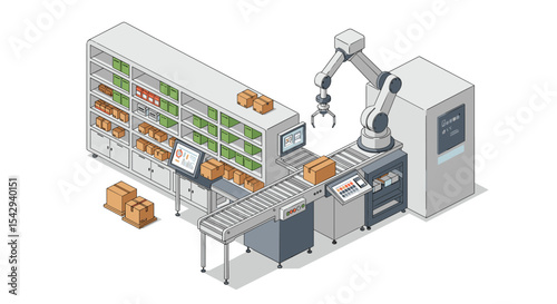 Automated warehouse with robotic arm and conveyor system for efficient packaging and sorting vector illustration isometric