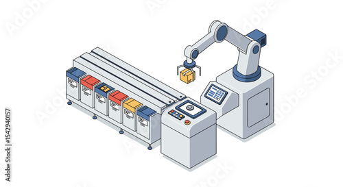 Automated manufacturing process with robotic arm and conveyor system for industrial innovation vector illustration isometric