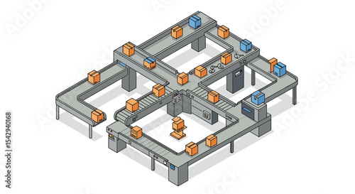 Isometric factory assembly line with conveyor belts and packages for industrial automation design vector illustration isometric