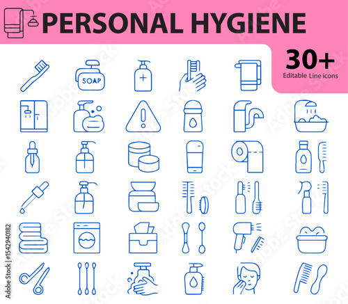 Personal Hygiene Line Icon Set,  Editable Vector Icons for Cleanliness, Health, and Daily Care Routines

