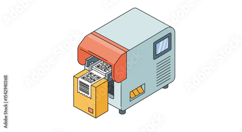 Barcode label printer with qr code generation capability for warehouse management vector illustration isometric