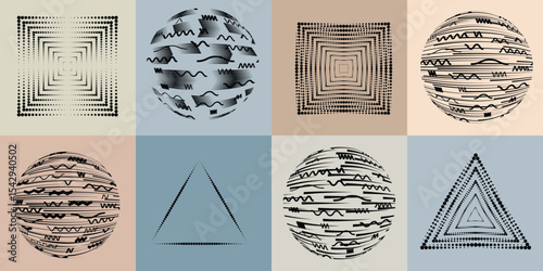 Lines and dots in Circle Form .Rotate rounded shape Vector Illustration .Rotating dots form a circle .Rotating design element . Various lines forming round shape . Abstract Geometric line art .
