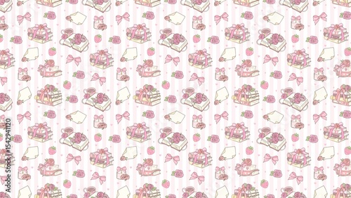 Wallpaper Mural Pastel pattern with books roses bows strawberries and teacups on a striped background in light pink tones Torontodigital.ca