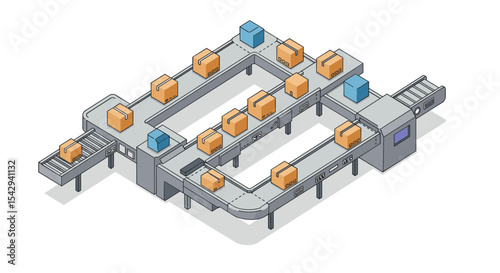 Automated conveyor system with cardboard boxes in warehouse logistics management vector illustration isometric