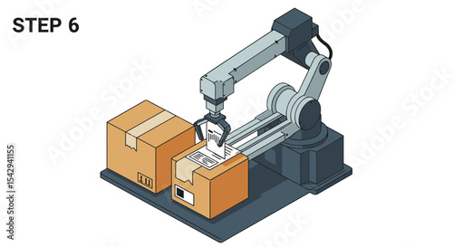 Automated packaging robot arm with boxes and labeling process vector illustration isometric