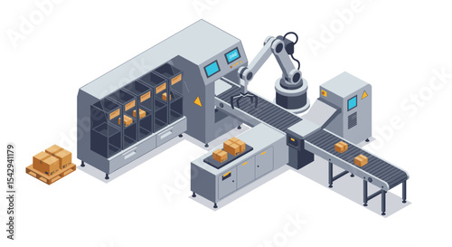 Automated robotics in modern warehouse with conveyor belt and sorting system vector illustration isometric