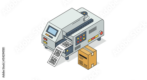 Modern barcode and qr code label printer with cardboard box for shipping and inventory management vector illustration isometric