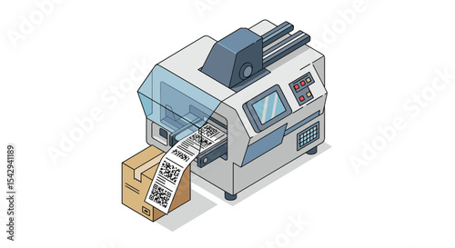 Industrial barcode printer creating product labels for packaging design and inventory management vector illustration isometric