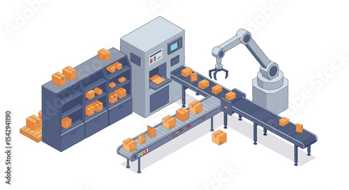 Automated packaging system with robotic arm and conveyor belt for efficient production vector illustration isometric