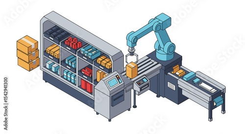 Automated warehouse packaging robot for efficient logistics and inventory management vector illustration isometric