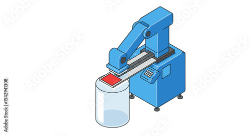 Industrial automation and robotics: isometric design of a blue robotic arm in action vector illustration isometric