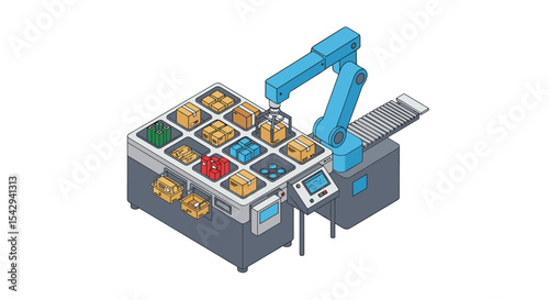 Automated robotic arm sorting packages for efficient warehouse logistics and innovative supply chain solutions vector illustration isometric