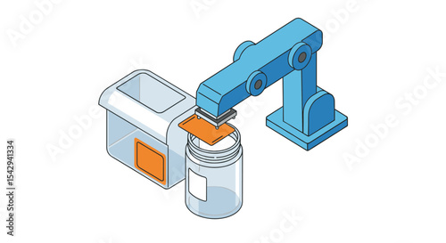 Automated robotic arm sorting and packaging system for industrial use vector illustration isometric