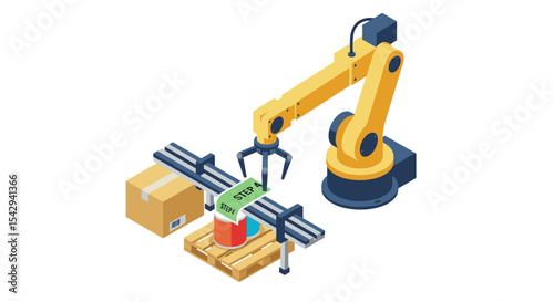 Robotic arm in automated packaging process with completed step indication vector illustration isometric