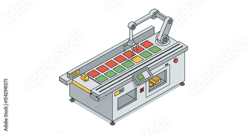Robotic arm sorting system with conveyor belt for industrial automation and efficiency vector illustration isometric