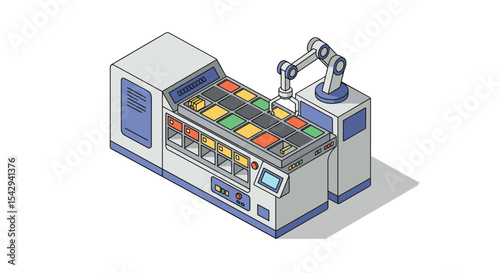 Futuristic automated production line with robotic arm and colorful control panel vector illustration isometric