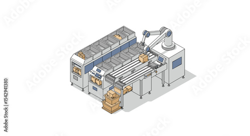 Automated packaging system with conveyor and robotic arm for industrial efficiency vector illustration isometric