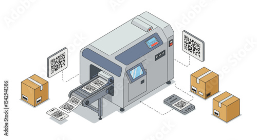 Automated printing and scanning process for manufacturing and shipping vector illustration isometric