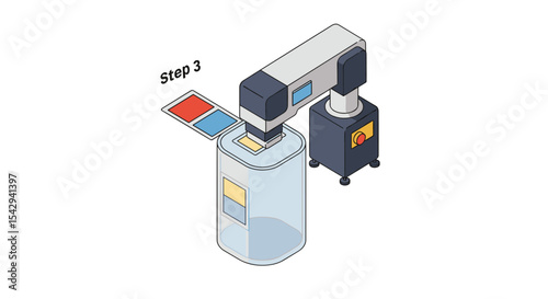 Industrial automation process step three: inserting components into machinery for manufacturing vector illustration isometric