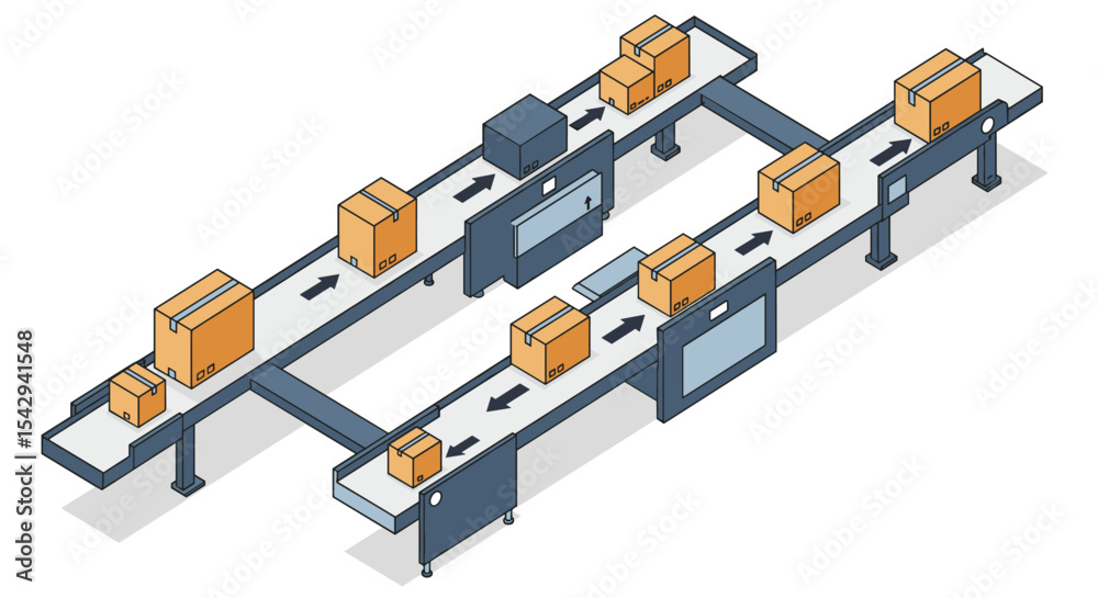 Obraz premium Automated package sorting system with conveyor belts for warehouse efficiency vector illustration isometric