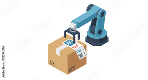 Robotic arm handling parcel for step-by-step delivery process visualization vector illustration isometric