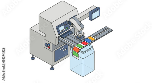 Automated packaging machine with robotic arm and color-coded system vector illustration isometric