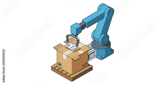 Robotic arm handling box on pallet for warehouse automation and logistics efficiency vector illustration isometric