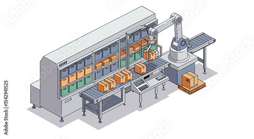 Automated packaging system with robotic arm in warehouse setting for efficient sorting and distribution vector illustration isometric