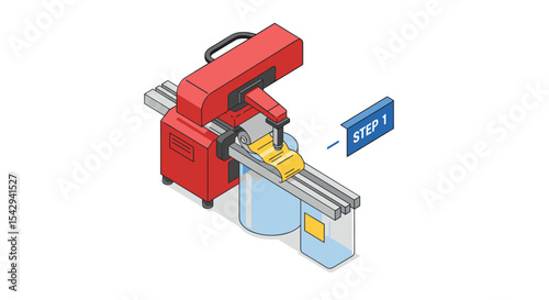 Industrial process automation step one with red machine and container illustration vector illustration isometric