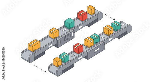 Automated conveyor belt system for efficient package sorting and logistics management vector illustration isometric
