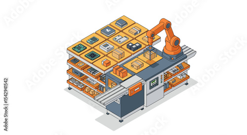 Automated warehouse system with robotic arm sorting packages and technology components vector illustration isometric