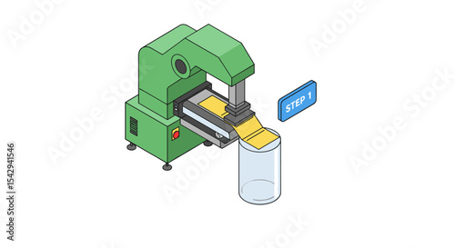 Industrial machine process step with conveyor belt and container for manufacturing workflow design vector illustration isometric