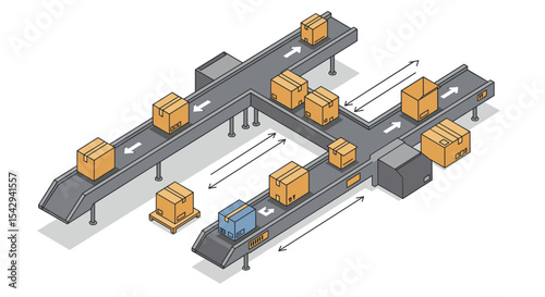 Industrial conveyor belt with cardboard boxes and arrows for logistics and shipping vector illustration isometric