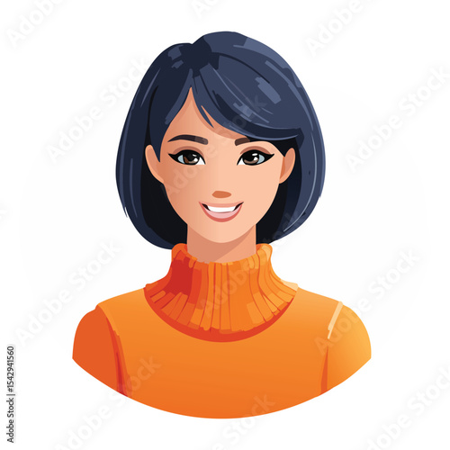 Round Flat Design User Icon with Short Styled Black Hair and Orange Sweater

