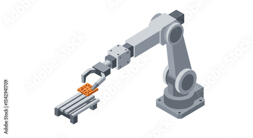 Robotic arm with gripping mechanism holding orange gear for industrial automation and manufacturing design vector illustration isometric