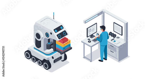 Futuristic industrial automation with worker using control panel and advanced machinery vector illustration isometric