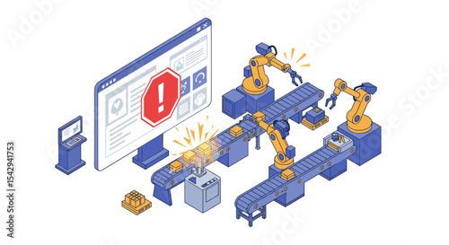 Automated manufacturing and production line with cybersecurity alert concept for industrial safety vector illustration isometric