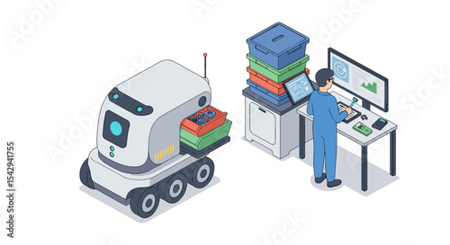 Autonomous robot sorting packages with operator in modern warehouse vector illustration isometric