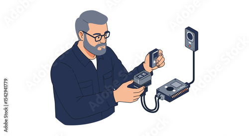 Technician inspecting digital device connection for industrial maintenance and repair vector illustration isometric